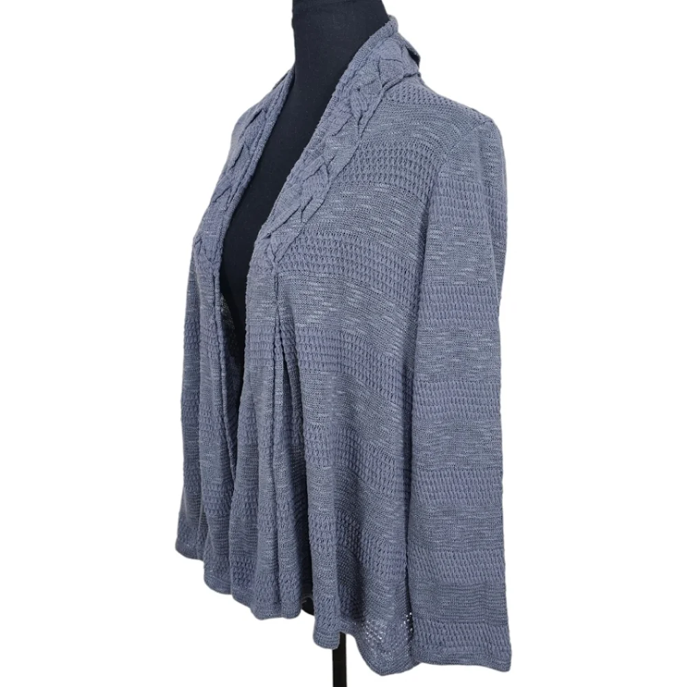 Anthropologie One September Blue Boho Braided Neck Pointelle Knit Open Cardigan